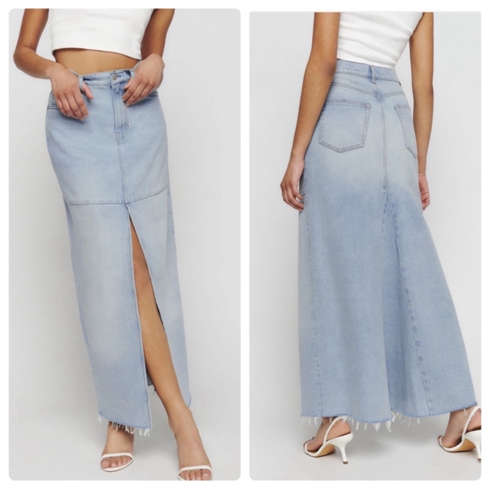 Reformation Tazz Maxi Denim Skirt Tahoe Light Wash Front Slit Size 29